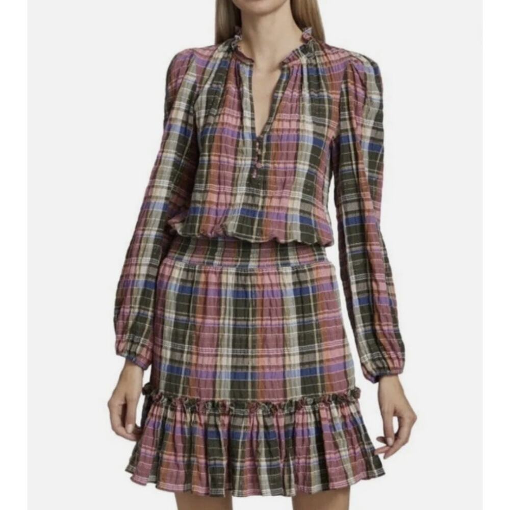 NWT Veronica Beard Destiny Dress Plaid Ruffle Womens Size 8 MSRP $378 Green Pink